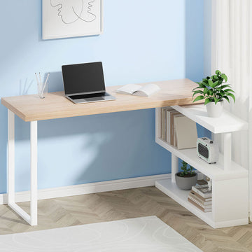 Artiss Computer Desk with Rotatable Shelf Oak and White 140cm