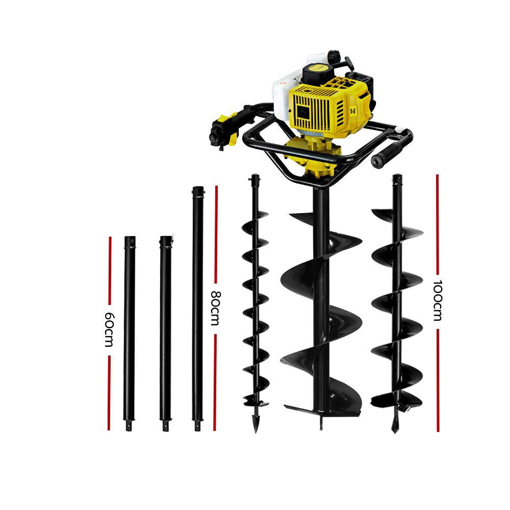 Giantz Post Hole Digger 65cc Petrol Kit with 3 Auger Bits 3m