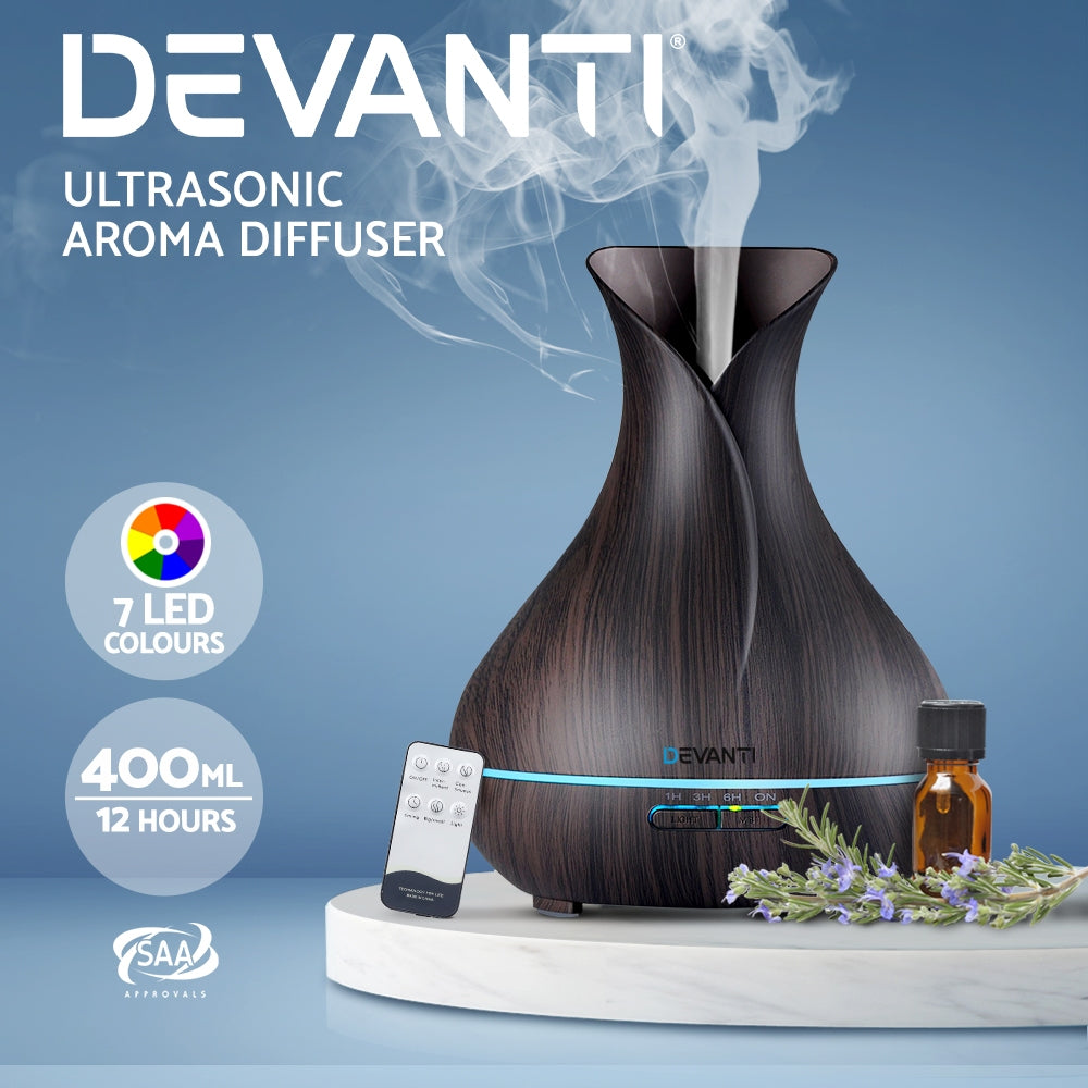 Devanti Aroma Diffuser 4-in-1 with Remote Control 400ml Dark Wood