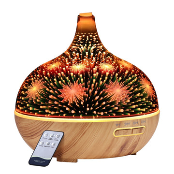 Devanti 3D Fireworks Glass Aroma Diffuser with LED Light Show 400ml Light Wood