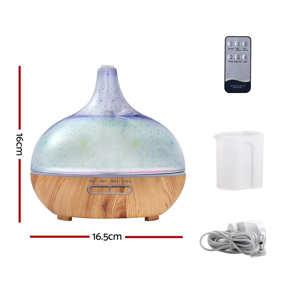 Devanti 3D Fireworks Glass Aroma Diffuser with LED Light Show 400ml Light Wood