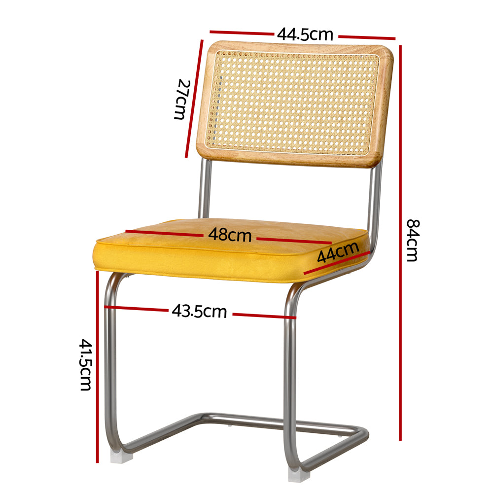 Artiss Yellow Velvet Rattan Dining Chairs Cantilever Set of 2