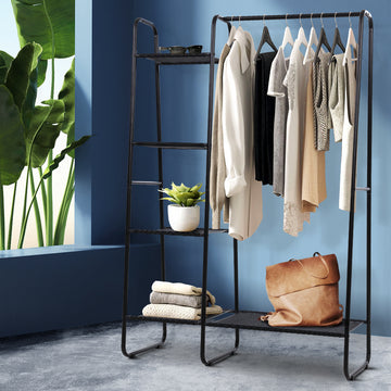 Artiss Metal Clothes Rack Space-Saving with Shelves 151cm Black