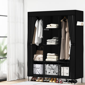 Artiss Portable Fabric Wardrobe with Hanging Rods and Shelves 173cm Black