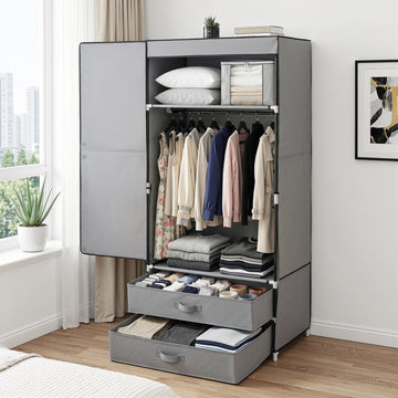 Artiss Large Portable Wardrobe with Hanging Rail and 2 Drawers Grey