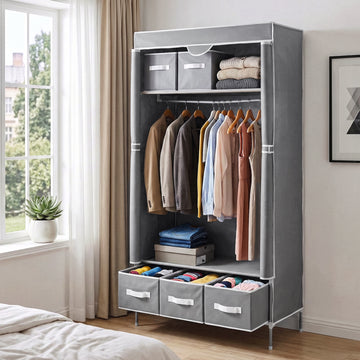 Artiss Large Portable Wardrobe with Hanging Rail 3 Drawers Tiebacks Grey