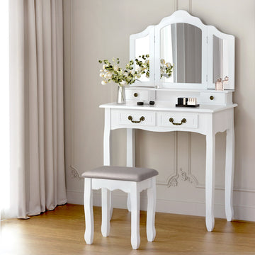 Artiss Dressing Table Set with Fold Mirror and Stool White
