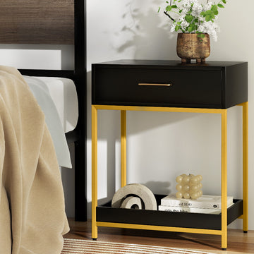 Artiss Bedside Table Gold Frame 1 Drawer and Shelf Black