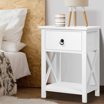 Artiss Bedside Table 1 Drawer with Shelf White 2 Pack