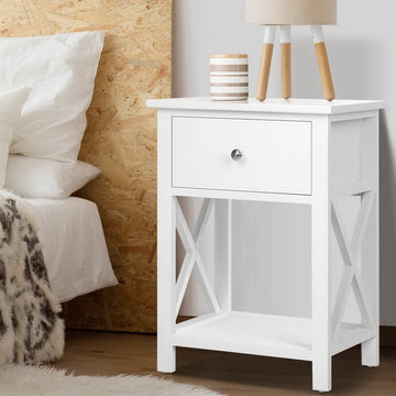 Artiss Bedside Table 1 Drawer with Shelf White Paulownia Wood