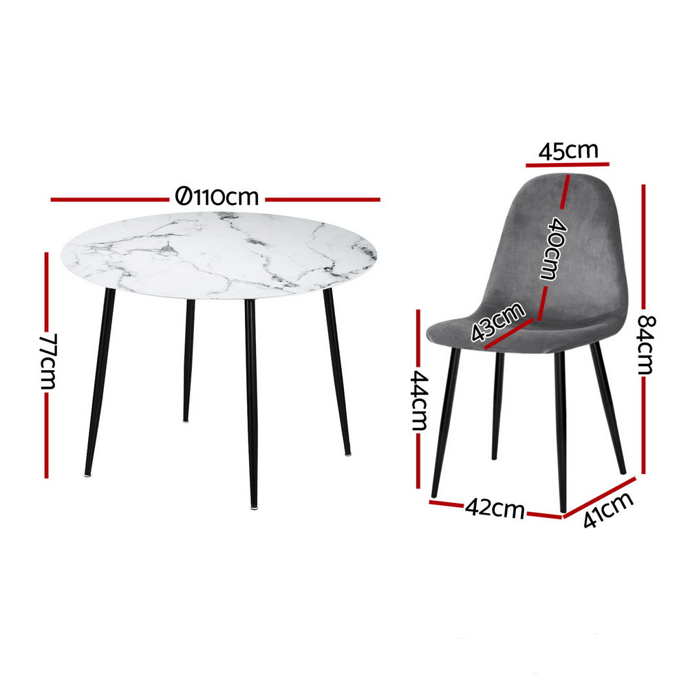 Artiss Marble Effect Round Dining Table Set 110cm Grey Velvet Chairs