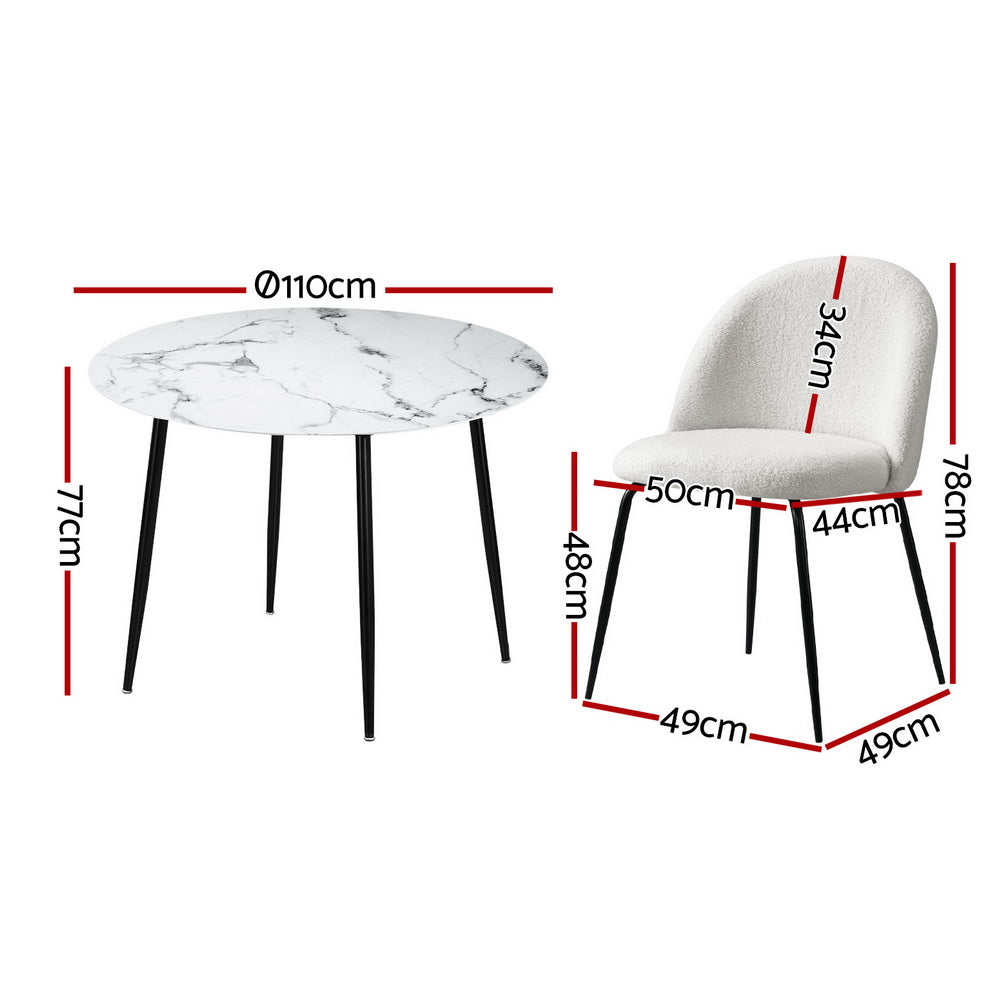 Artiss Round Marble Dining Table Set 4 Sherpa Chairs White