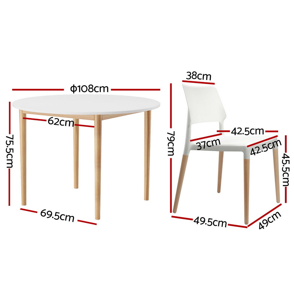 Artiss Round Dining Table Set 108cm White with Stackable Beech Wood Chairs
