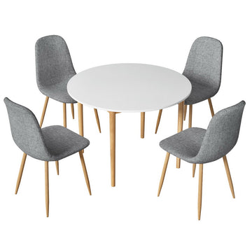 Artiss Scandinavian Dining Table Set 108cm Round White Grey Faux Linen Chairs