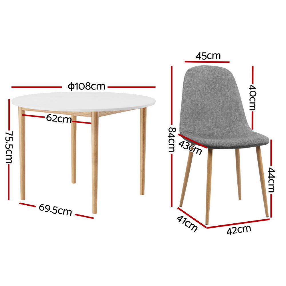 Artiss Scandinavian Dining Table Set 108cm Round White Grey Faux Linen Chairs