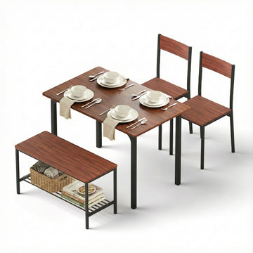 Artiss Industrial Dining Set 4pc Walnut Metal Frame Storage Bench