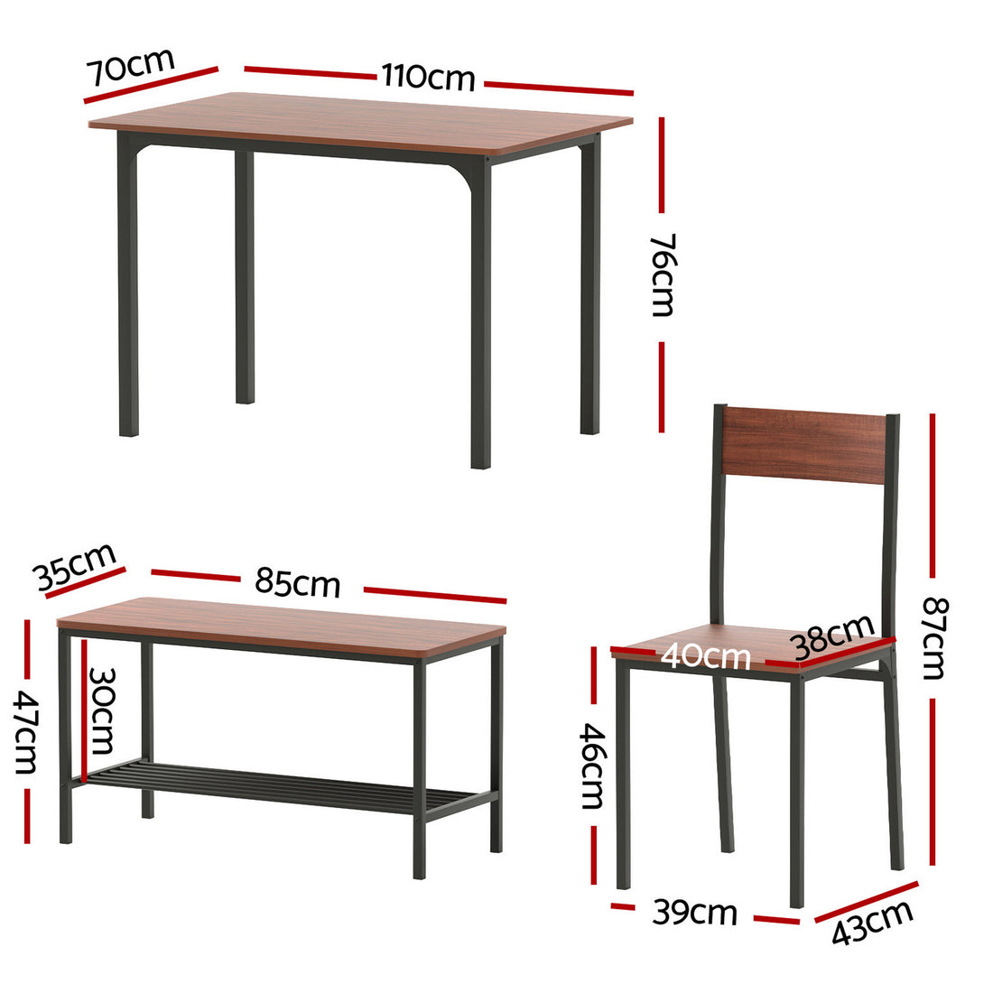 Artiss Industrial Dining Set 4pc Walnut Metal Frame Storage Bench
