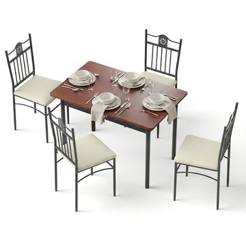 Artiss 5-Piece Dining Set Floral Motif Walnut Fabric Chairs