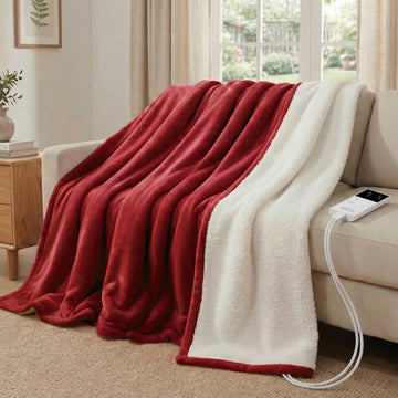 Giselle Bedding Electric Heated Throw Rug Double Size Flannel Sherpa Burgundy