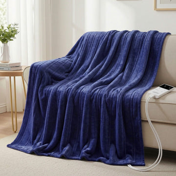 Giselle Bedding Electric Throw Rug Heated Coral Fleece Navy Blue