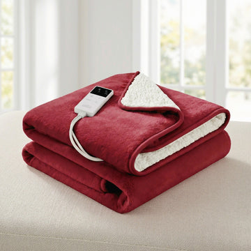Giselle Bedding Electric Heated Throw Rug Flannel Sherpa Burgundy