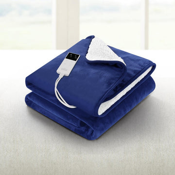 Giselle Bedding Double-Sided Electric Heated Throw Rug Flannel Sherpa Navy Blue