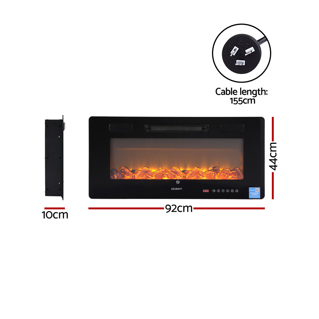 Devanti Electric Fireplace Heater 1800W 3D Flame Wall Mounted Black