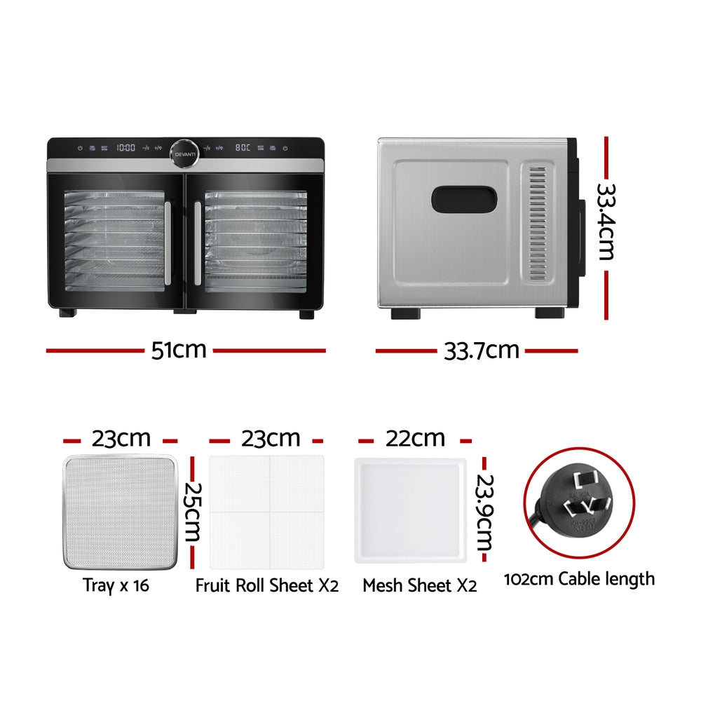 Devanti Dual-Zone Stainless Steel Food Dehydrator 16 Tray