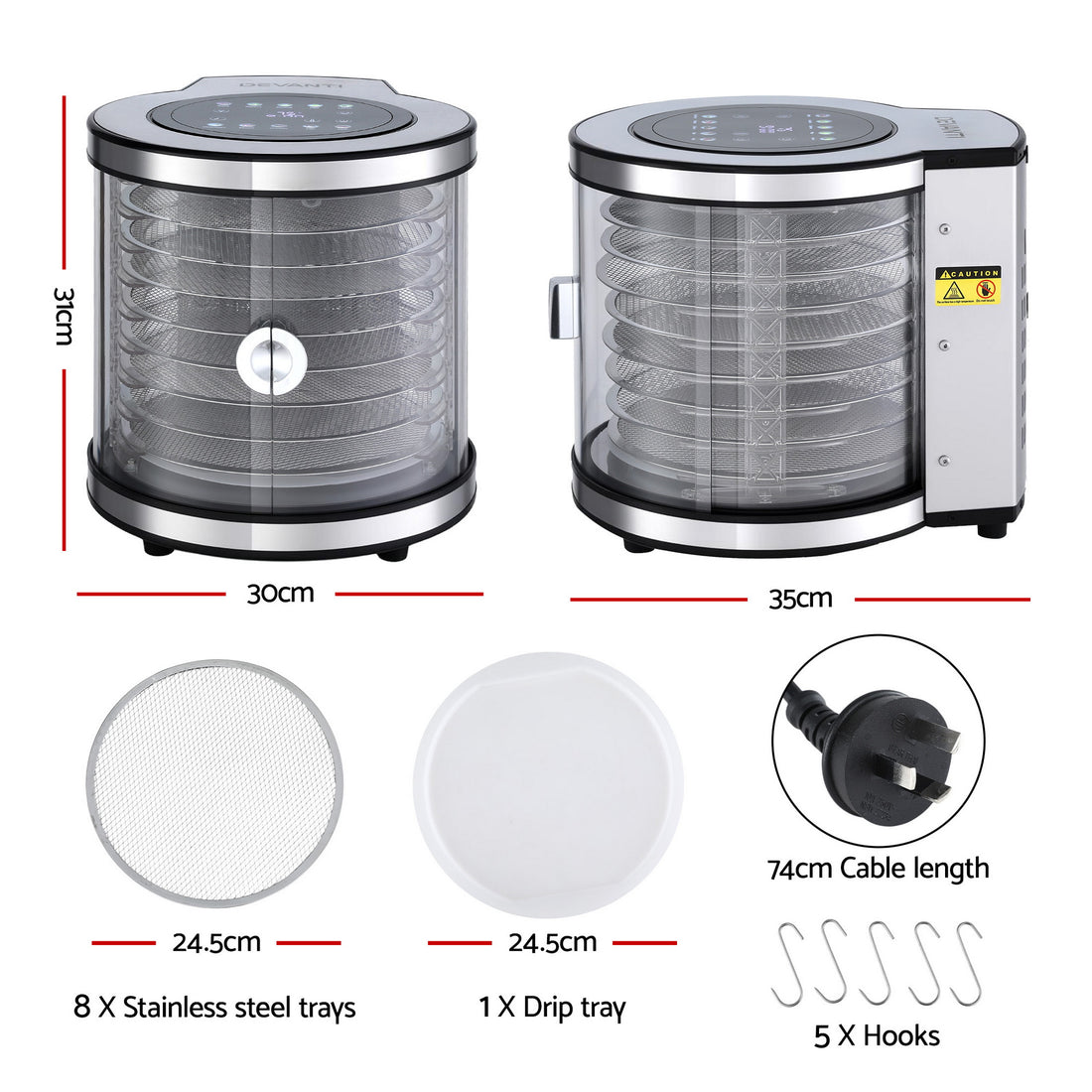 Devanti Food Dehydrator 8 Tray Auto-Rotate Stainless Steel