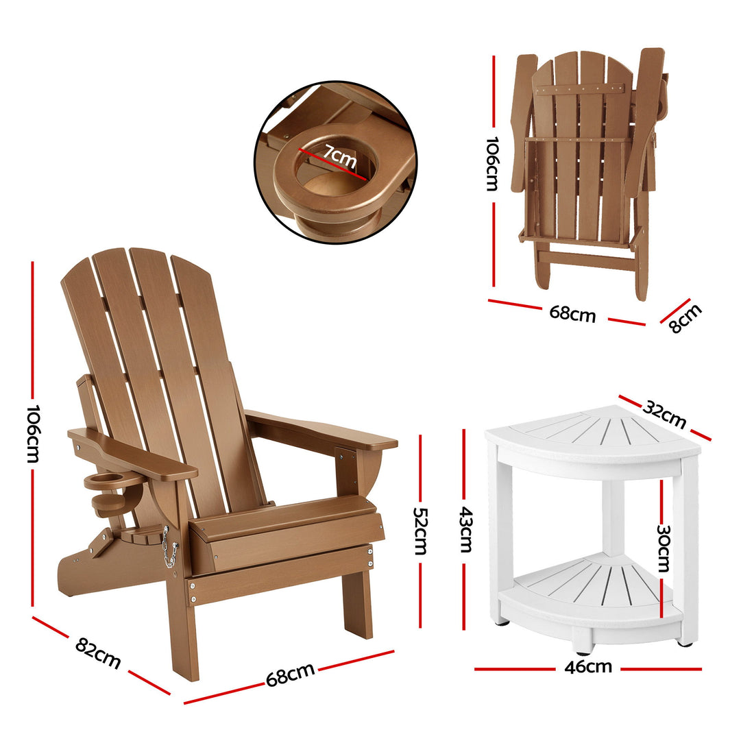 Gardeon Foldable Adirondack Patio Chair Set with Side Table HDPE Brown