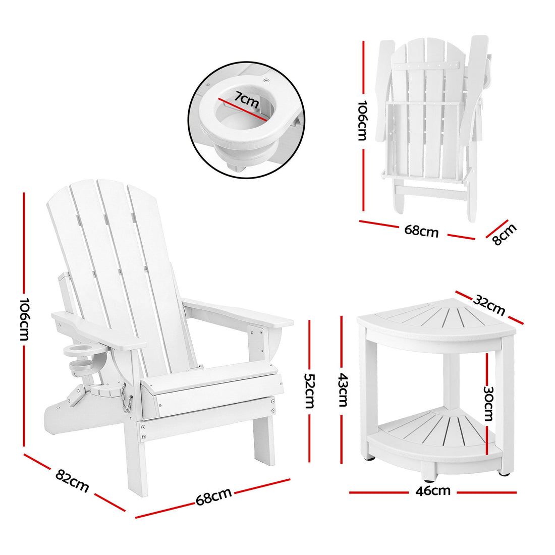 Gardeon Foldable Adirondack Patio Chair Set with Side Table White
