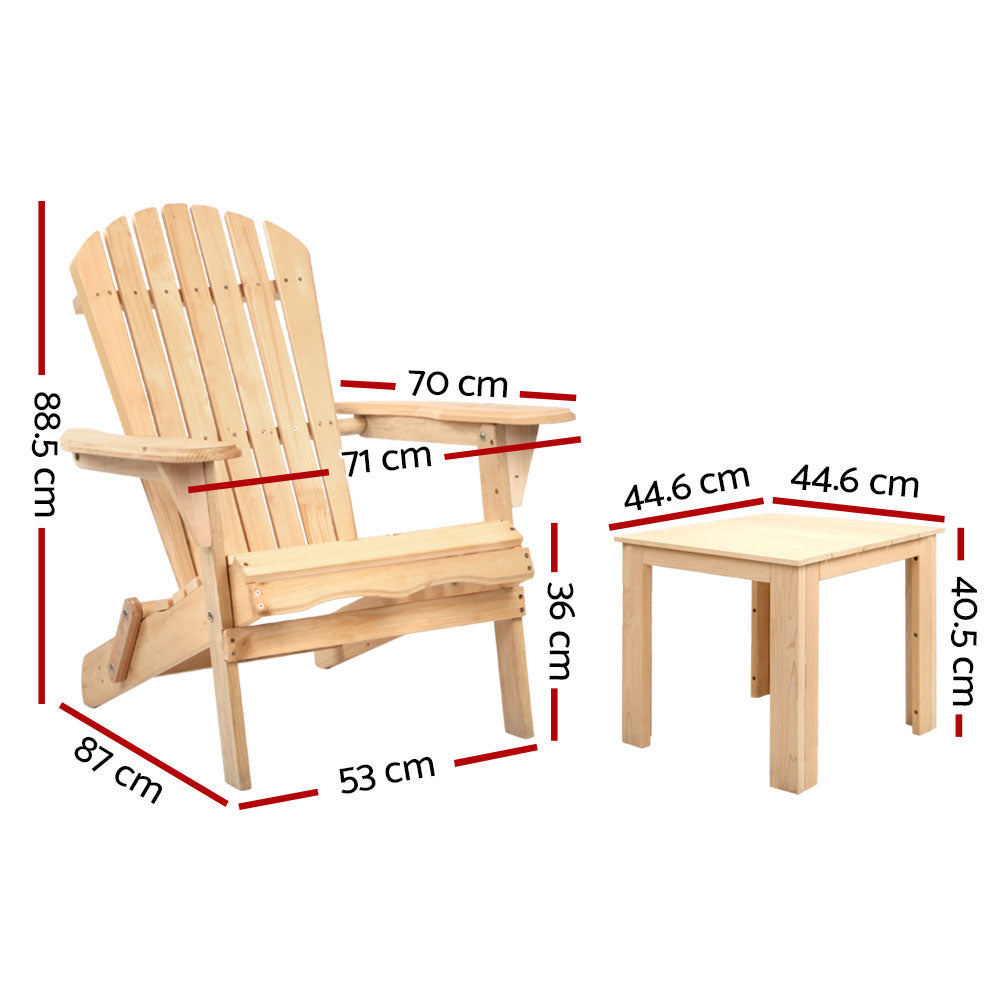 Gardeon Adirondack Chair Set 3-Piece with Side Table Natural Wood