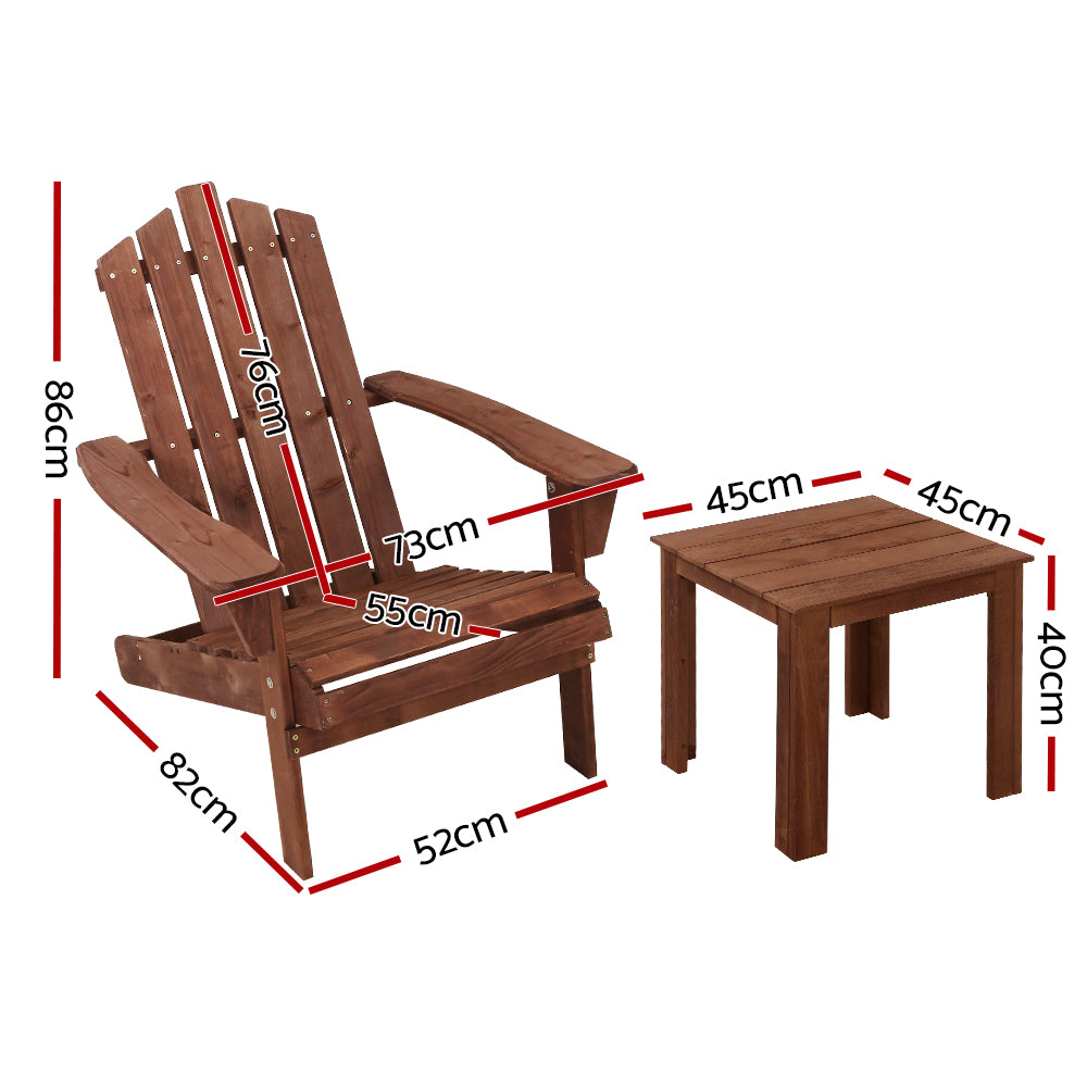 Gardeon Adirondack Chair Set 3PC with Side Table Fir Wood Brown