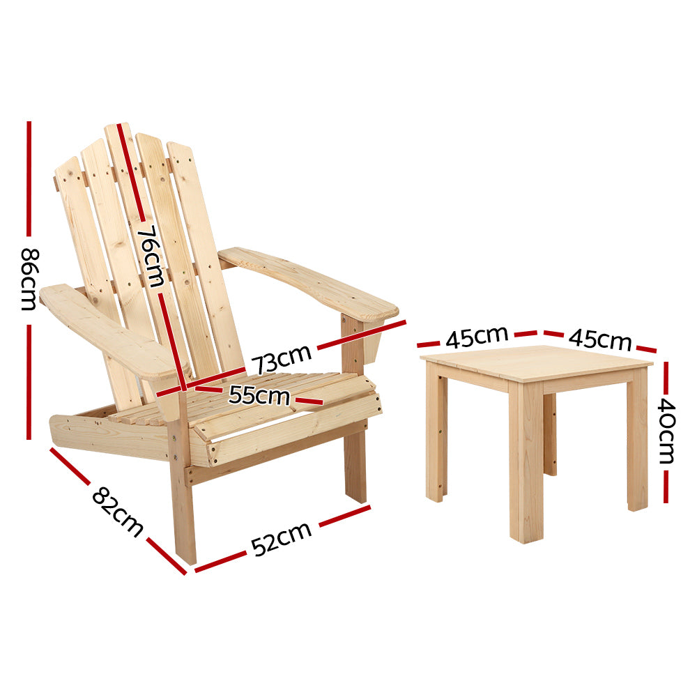 Gardeon Adirondack Chair Set 3PC with Side Table Natural Wood Fir
