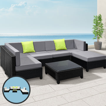 Gardeon Wicker Outdoor Sofa Set 7-Piece with Seat Cushions Black