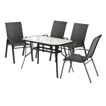 Gardeon Outdoor Dining Set 5pc Mesh Chairs Tempered Glass Table Black