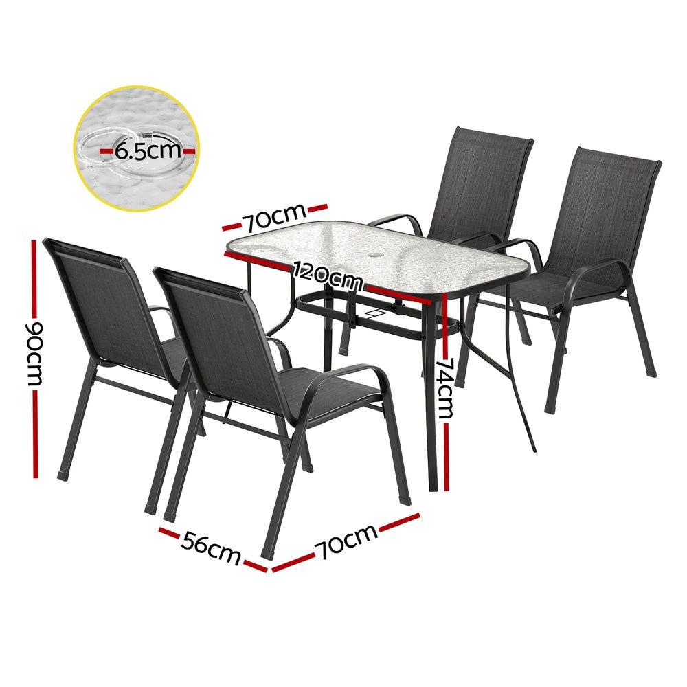 Gardeon Outdoor Dining Set 5pc Mesh Chairs Tempered Glass Table Black