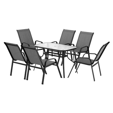 Gardeon 7pc Outdoor Dining Set with Mesh Chairs and Tempered Glass Table Grey