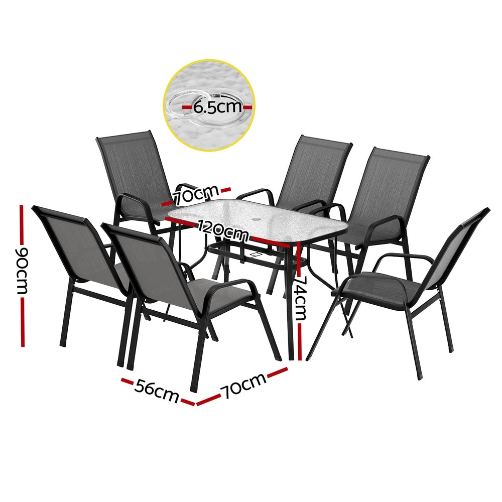 Gardeon 7pc Outdoor Dining Set with Mesh Chairs and Tempered Glass Table Grey