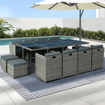 Gardeon 13-Piece Outdoor Wicker Dining Set Seats 12 Grey