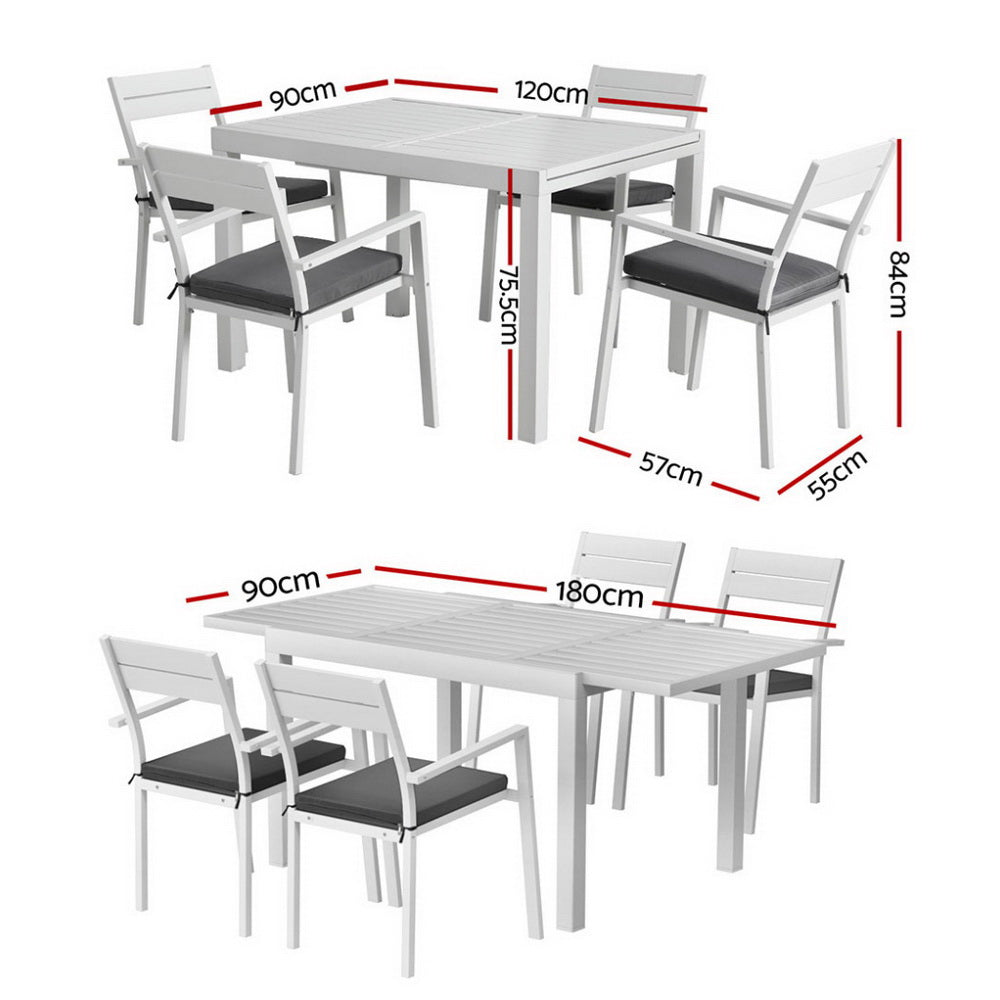 Gardeon 5 Piece Extendable Outdoor Dining Set Aluminium White Cushions