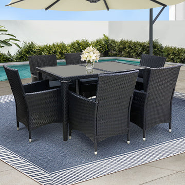 Gardeon Wicker Outdoor Dining Set 7 Piece Black Cushions