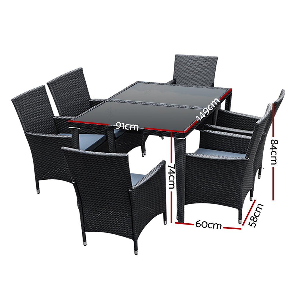Gardeon Wicker Outdoor Dining Set 7 Piece Black Cushions