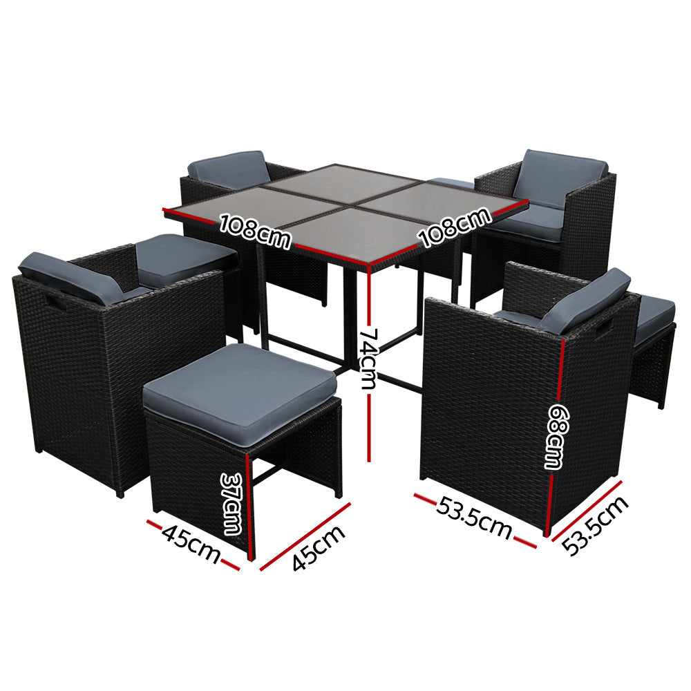 Gardeon Outdoor Wicker Dining Set 9 Piece Black
