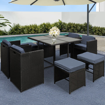 Gardeon Outdoor Wicker Dining Set 9 Piece Black
