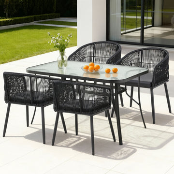 Gardeon Outdoor Dining Set 5-Piece Black Steel Rattan