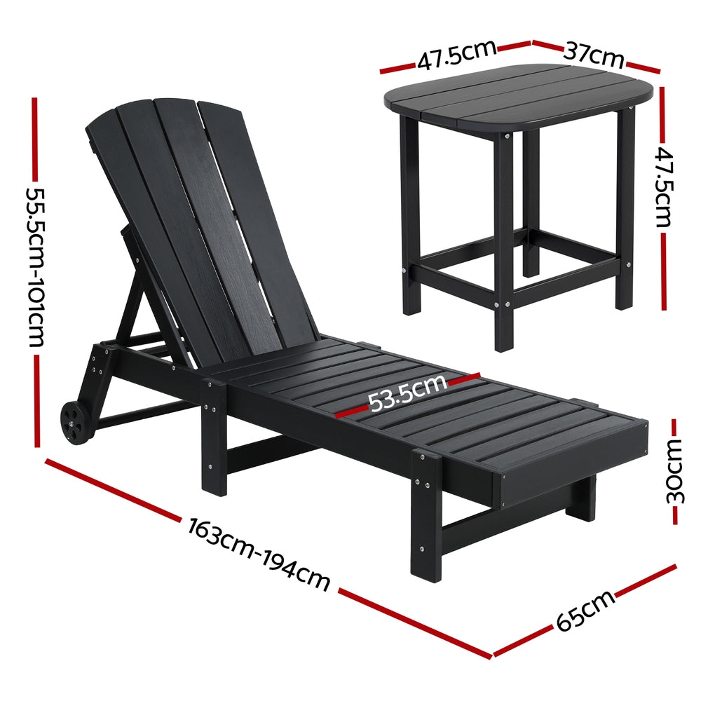 Gardeon 3-Piece Sun Lounger Set with Side Table Black HDPE