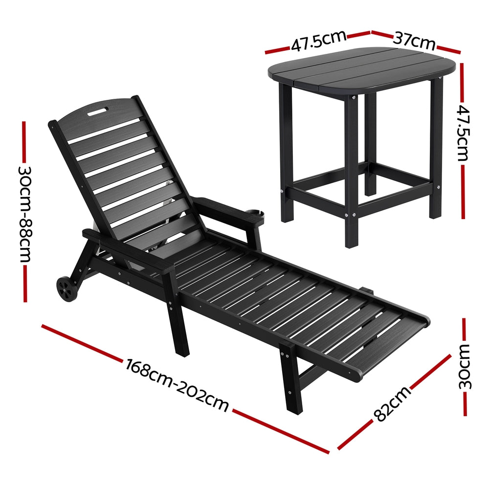 Gardeon Adjustable Sun Lounger with Cup Holder and Wheels Black HDPE