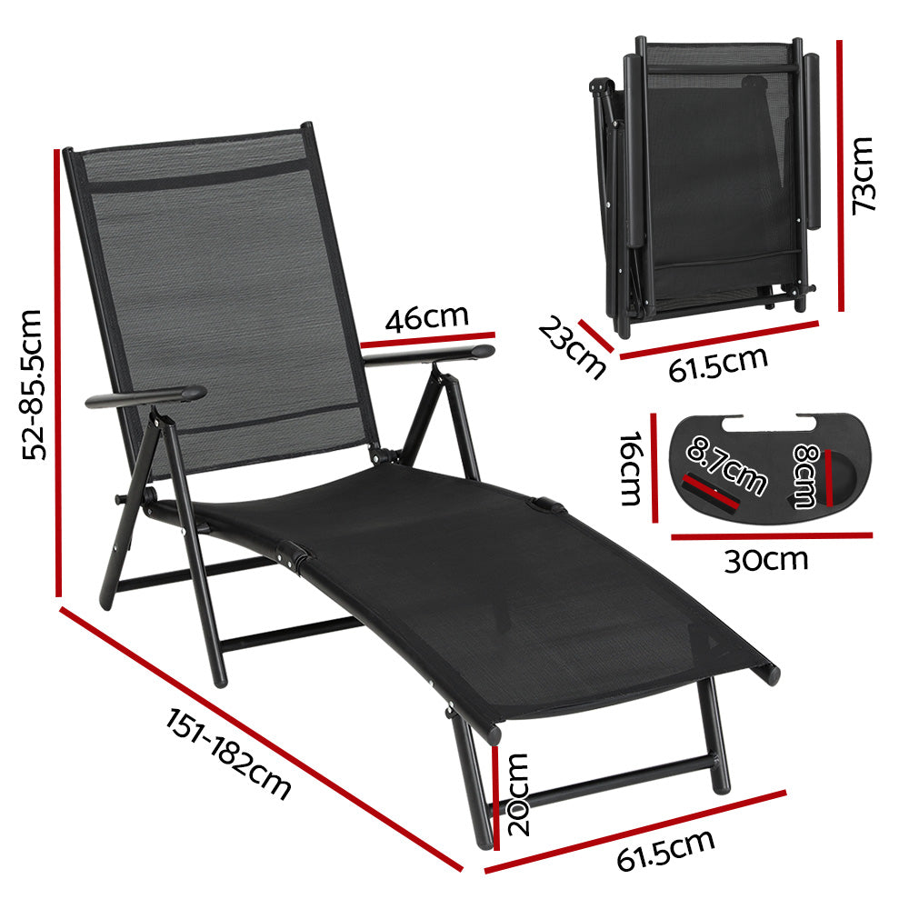 Gardeon Aluminium Sun Lounger with Adjustable Footrest and Tray Black
