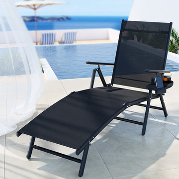 Gardeon Aluminium Sun Lounger with Adjustable Footrest and Tray Black